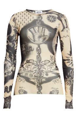 Jean Paul Gaultier Tattoo Print Semisheer Tulle Top in Ivory