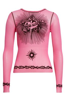Jean Paul Gaultier Tattoo Print Semisheer Tulle Top in Shocking Pink