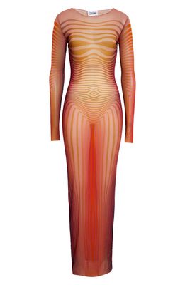 Jean Paul Gaultier The Red Body Morphing Stripe Long Sleeve Tulle Maxi Dress in Red/Orange