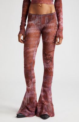 Jean Paul Gaultier x KNWLS Print Low Rise Flare Mesh Leggings in Brown/Lilac