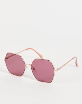 Jeepers Peepers oversized hex sunglasses in gold with blush lens-Purple