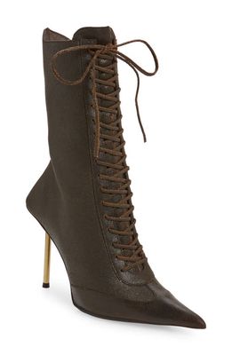 Jeffrey Campbell Bringiton Lace-Up Stiletto Bootie in Brown Distressed