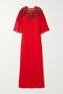 Jenny Packham - Crepe, Chiffon And Crystal-embellished Tulle Gown - Red