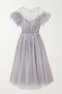 Jenny Packham - Feather-trimmed Embellished Tulle Gown - Purple