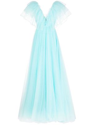 Jenny Packham Ibis ruffled-detail V-neck gown - Blue