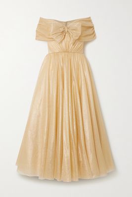 Jenny Packham - Off-the-shoulder Bow-detailed Glittered Tulle Gown - Gold