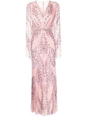 Jenny Packham sequin-embellished V-neck cape gown - Pink