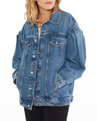 Jess Oversized Pleated Puffed-Sleeve Denim Jacket
