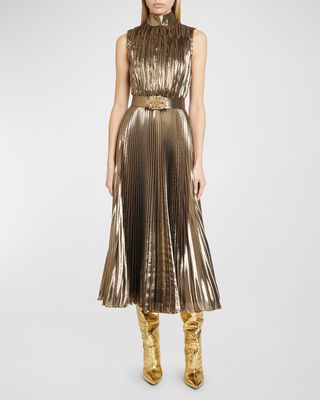 Jewel Belted Pleated Midi Dress