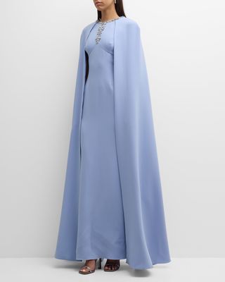 Jewel-Embellished Cape-Sleeve Crepe Gown
