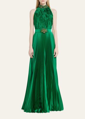 Jewel-Embellished Collar Plisse Pleated Belted Gown