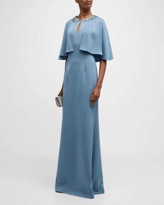 Jewel-Embellished Cutout Satin Cape Gown