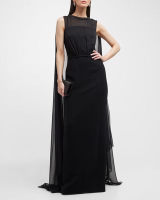 Jewel Necklace Gown With Chiffon Cape
