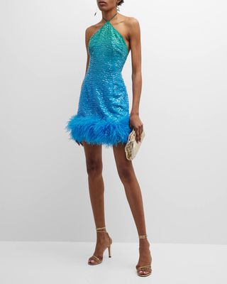 Jewel Sequin Ombré Halter Feather-Hem Mini Dress