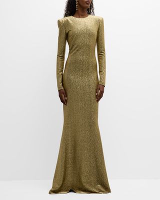 Jewel Stretch Lame Long-Sleeve Trumpet Gown