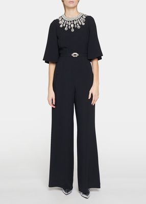 Jeweled Collar Wide-leg Belted Jumpsuit