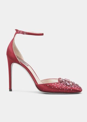 Jeweled Satin Ankle-Strap Pumps