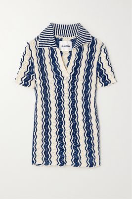 Jil Sander - Chenille-trimmed Striped Cotton-blend Polo Shirt - Blue