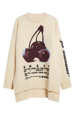 Jil Sander Oversize Cherry Print Wool Sweater in White/multicolor Cherry
