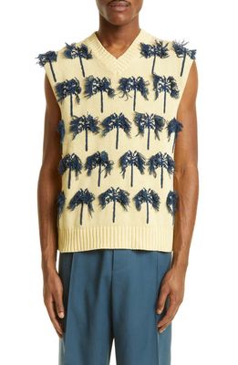 Jil Sander Palm Appliqué Cotton & Wool Vest in Open Yellow