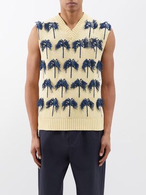 Jil Sander - Palm Tree-jacquard Cotton-blend Sweater Vest - Mens - Yellow Multi