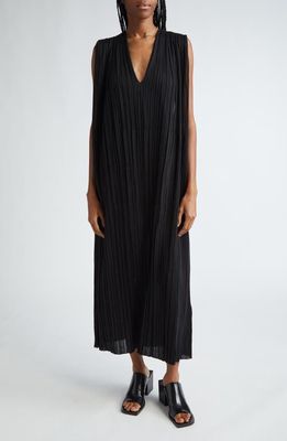 Jil Sander Plunge Neck Sheer Silk Plissé Maxi Dress in 001 Black