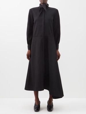 Jil Sander - Tie-neck Asymmetric-hem Wool Shirt Dress - Womens - Black