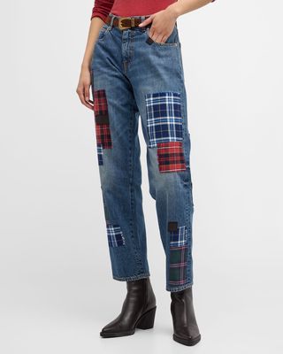 Jill Straight-Leg Jeans with Plaid Patches
