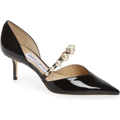 Jimmy Choo Aurelie Imitation Pearl Strap Pointed Toe Pump in Black/White at Nordstrom, Size 9.5Us