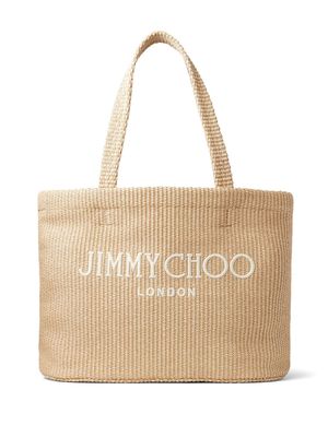 Jimmy Choo logo-embroidered raffia beach bag - Neutrals