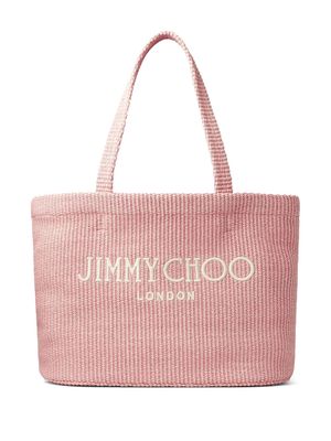 Jimmy Choo logo-embroidered raffia beach bag - Pink