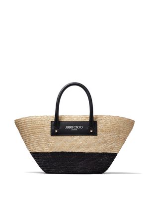 Jimmy Choo small logo-print raffia tote bag - Neutrals