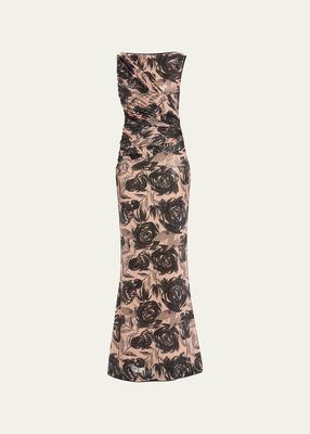 Jing Pleated Floral-Print Sequin Gown