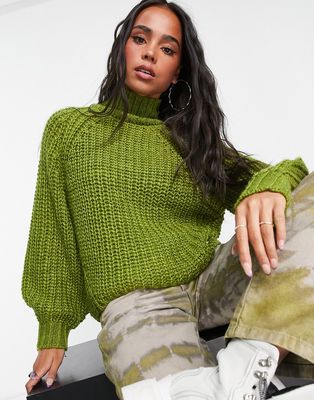 JJXX chunky funnel neck sweater in lime-Green