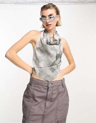 JJXX satin halterneck scarf top in gray camo print