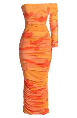 JLUXLABEL Capri Ruched Off the Shoulder Long Sleeve Body-Con Dress in Orange