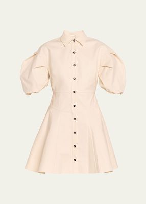 Joan Puff-Sleeve Fit & Flare Button-Front Mini Dress