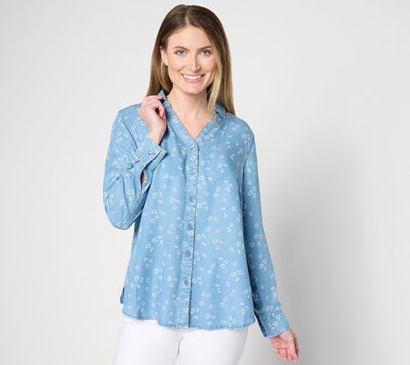 Joan Rivers Button-Front Y-Neck Floral Printed Denim Shirt