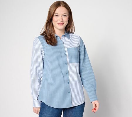 Joan Rivers Mixed Stripe Button-FrontBoyfriend Shirt