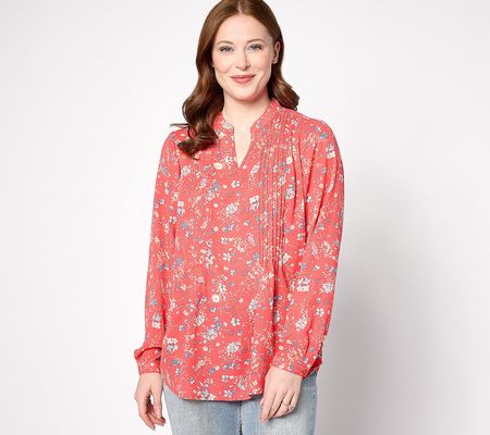 Joan Rivers Printed Floral Textured Woven V Neck Blouse