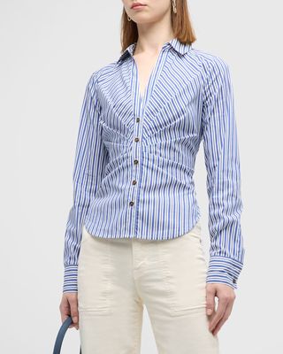 Joelle Gathered Stripe Button-Front Top