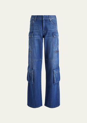 Joette Low-Rise Combo Vegan Leather Cargo Jeans