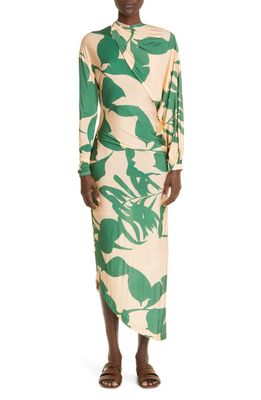Johanna Ortiz Aforismo Magico Long Sleeve One-Shoulder Midi Dress in Honey Peach/Emerald/Lilac