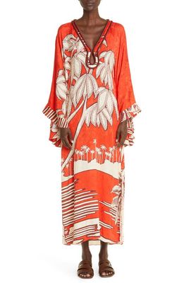 Johanna Ortiz Africa/Asia Print Long Sleeve Maxi Dress in Orinoco Ankara Red/Ecru