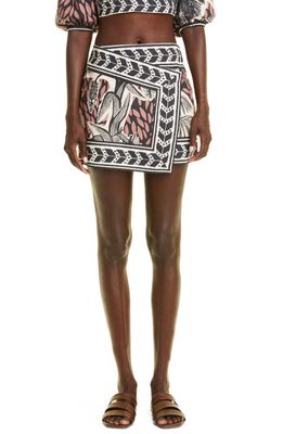 Johanna Ortiz All Dancing Tropical Print Asymmetric Cotton Miniskirt in Burnt Maroon/Black/Ecru