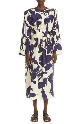 Johanna Ortiz Ancient Tropics Long Sleeve Cape Back Silk Crêpe de Chine Dress in Kimono Ecru/Navy