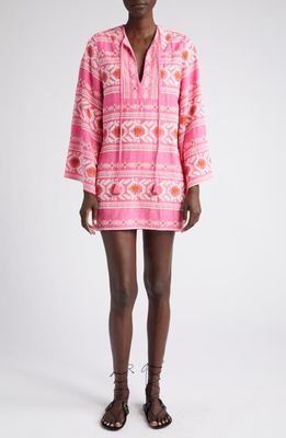Johanna Ortiz Apurimac Embroidered Long Sleeve Minidress in Tropic Pink/Ecru