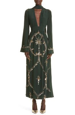 Johanna Ortiz Artistic Lifestyle Beaded Long Sleeve Silk Maxi Dress in Forest Green