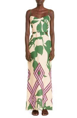 Johanna Ortiz Between Daydreams Botanical Print Cutout Cotton Maxi Dress in Honey Peach/Emerald/Lilac