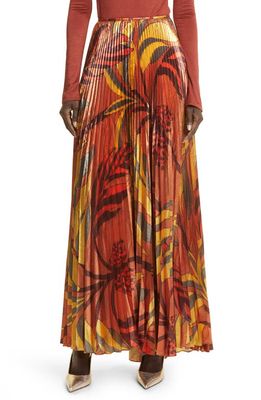 Johanna Ortiz Beyond Convention Metallic Floral Pleated Maxi Skirt in Palm Brown/Yellow